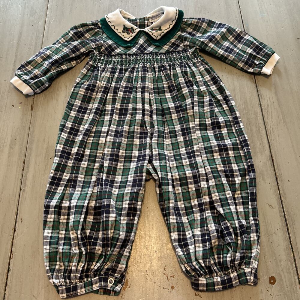 Vtg Friedknit Creations Green Blue Plaid Smocked Holiday Sz 18M One Piece Romper